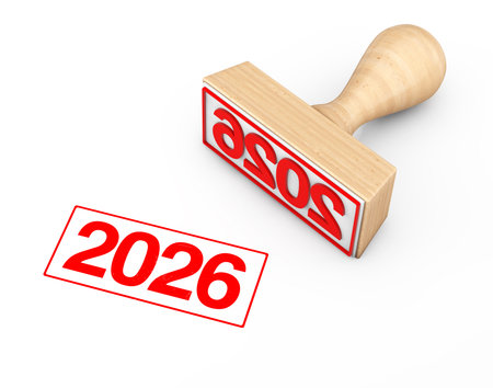 Wooden Rubber Stamp with 2026 New Year Sign on a white background. 3d Rendering