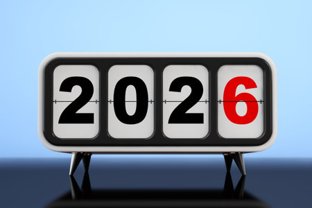 Retro Flip Clock with 2026 New Year Sign on a blue background. 3d Rendering