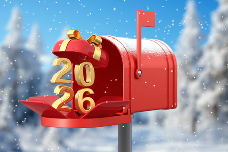 Red Happy New Year 2026 Sign in Gift Box with Christmas Mailbox or Letter Box on a snow forest...