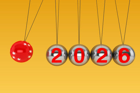 New Year concept. Spheres of Newton with 2026 Sign on a yellow background. 3d Rendering