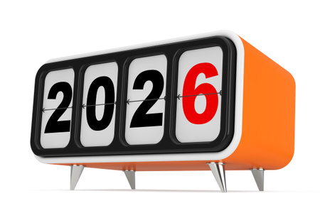 Retro Flip Clock with 2026 New year Sign on a white background. 3d Rendering