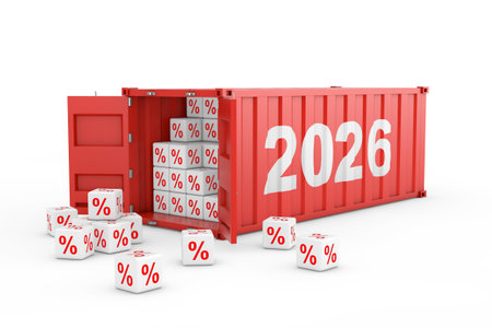 2026 New Year Red Cargo Shipping Container with Discount Percent Cubes on a white background. 3d...