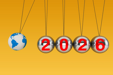New Year concept. Spheres of Newton with Globe Earth and 2026 sign on a yellow background. 3d...