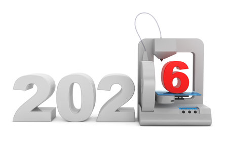 Modern Home 3d printer print New 2026 Year Sign on a white background. 3d Rendering