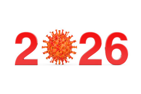 2026 Year with Zero Symbol as COVID-19 Corona Viruses Bacterias on a white background. 3d Rendering