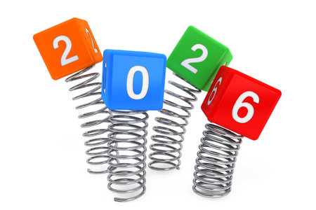 Spring Cubes with 2026 New Year Sign on a white background. 3d Rendering