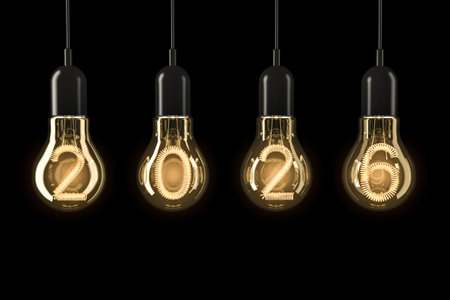 Light Bulbs Illuminated 2026 New Year on a black background. 3d Rendering.