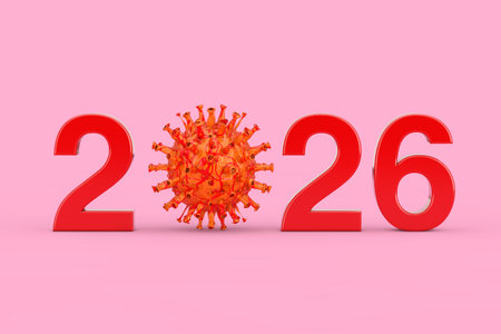2026 Year with Zero Symbol as COVID-19 Corona Viruses Bacterias on a pink background. 3d Rendering