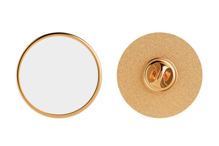 Golden Metal Badge Pin. Blank Circle Silver Lapel Pin Mockup With Safety Clasp Front And Back Views...