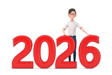 Cartoon Character Person Man with Red 2026 New Year Sign on a white background. 3d Rendering