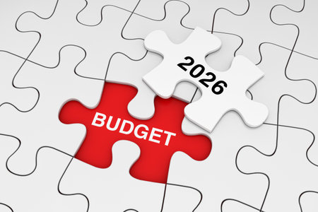 One Piece of White Jigsaw Puzzle over Plain of White Puzzle with Budget 2026 Words on a red...