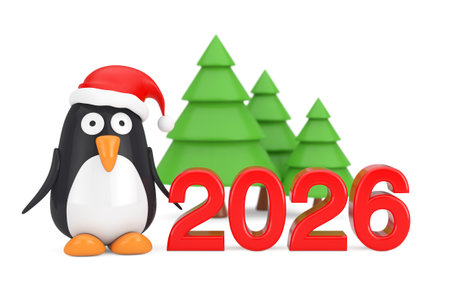 Green Trees and Cartoon Penguin Character with Santa Hat near 2026 New Year Sign on a white...
