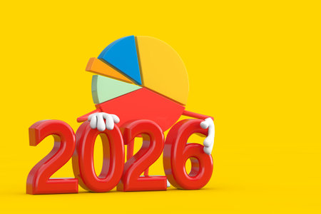 Info Graphics Business Pie Chart Character Person with Red 2026 New Year Sign on a yellow...