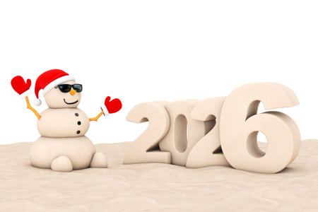 Sandy Christmas Snowman at Sunny Beach with 2026 New Year Sign extreme closeup. 3d Rendering