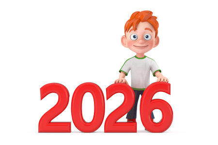 Cartoon Little Boy Teen Person Character Mascot with Red 2026 New Year Sign on a white background....