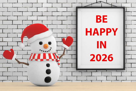 Snowman in front of Brick Wall with Frame Be Happy In 2026 Sign extreme closeup. 3d Rendering