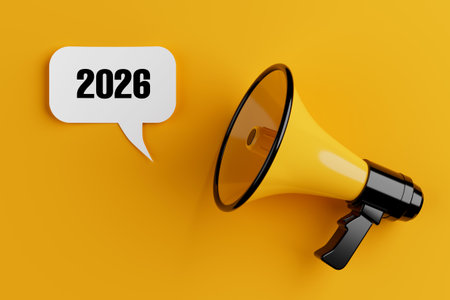 Future Announcement Concept. Yellow Megaphone With 2026 New Year Speech Bubble On Yellow Background....