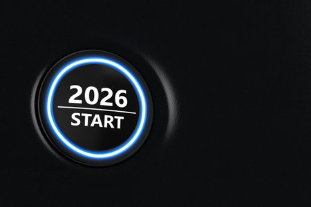 Start Stop Car Engine Button Year 2026 on a Modern Car Dashboard Interior extreme closeup. 3d...