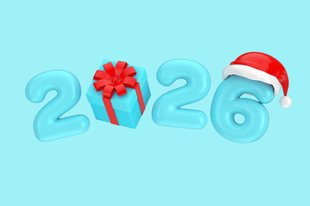 Blue Bubble 2026 New Year Sign with Gift Box and Santa Hat on a blue background. 3d rendering