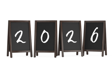 Wooden Menu Blackboard Outdoor Displays with 2026 Year Sign on a white background. 3d rendering
