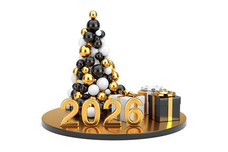 New Year Shopping Concept. Golden Balls in Shape of Christmas Tree, Gold New Year 2026 Sign and Gift...
