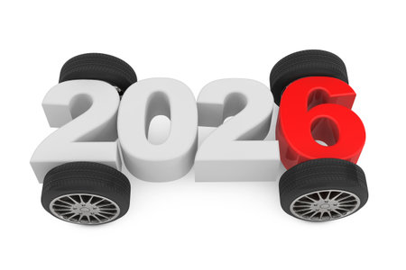 2026 Year Concept with Car Wheels on a white background. 3d rendering