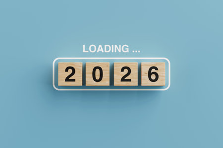 New Year Countdown Concept. Wooden Blocks Forming 2026 With Loading Text On Blue Background. 3d renderingの写真素材