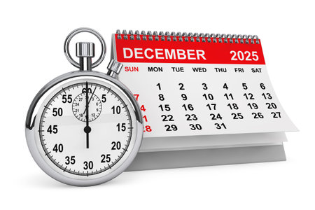 2025 Year December Calendar with Stopwatch on a white background. 3d rendering