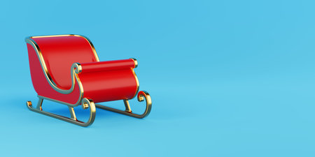 Holiday Transportation Concept. Red And Gold Santa Sleigh Standing On Blue Background With Minimal Design. 3d renderingの写真素材