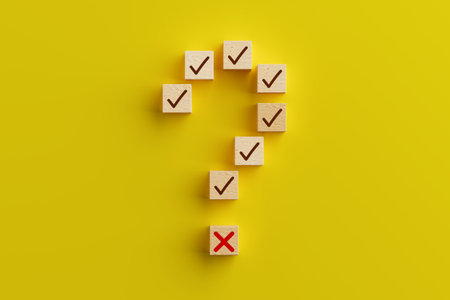 Decision Making And Uncertainty Concept. Wooden Cubes Forming Question Mark With Check Marks And Red...