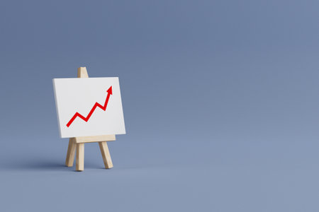 Business Growth Concept. Red Arrow Chart On White Canvas Standing On Wooden Easel Over Blue Background. 3d renderingの写真素材