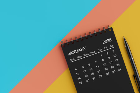 Black Flip Monthly January 2026 Business Calendar with Black Pen on a yellow, blue and orange background. 3d renderingの写真素材