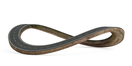 Concept Of Infinity And Endless Journey. Twisted Asphalt Road Shaped As Loop On White Background. 3d...