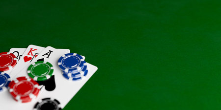 Concept Of Gambling, Risk, And Winning Strategy. Playing Cards And Colorful Casino Chips On Green...
