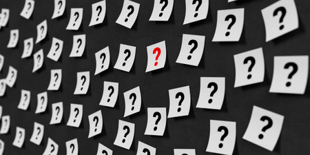 Uncertainty And Decision Making Concept. White Paper Notes With Question Marks Highlighting One Red Symbol On Dark Background. 3d renderingの写真素材