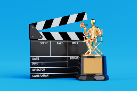 Film Industry Concept With Movie Clapperboard And Golden Director Award Trophy. Cinematic Production Symbol, Filmmaking, Achievement And Entertainment Theme on Blue Background. 3D Renderingの写真素材