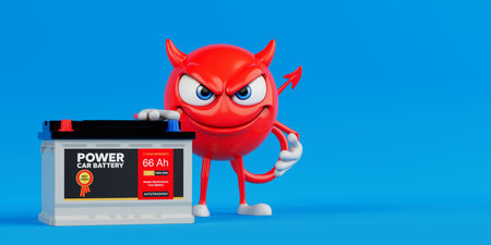 Automotive Power And Energy Concept. Red Cartoon Character Standing With Car Battery On Blue...