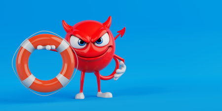 Safety And Emergency Assistance Concept. Red Devil Cartoon Character Holding Lifebuoy Symbolizing...
