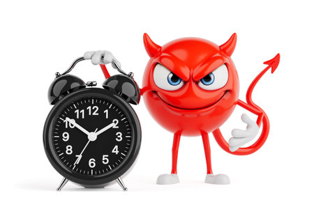 Time Pressure And Deadline Control Concept. Red Evil Cartoon Character Holding Alarm Clock On White...
