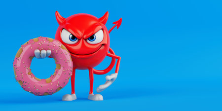 Temptation And Sugar Addiction Concept With Evil Influence. Pink Donut Held By Red Devil Cartoon Character On Bright Blue Background. 3d Renderingの写真素材