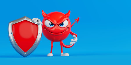 Security And Protection Concept. Red Evil Cartoon Character Holding Shield On Blue Background. 3d Renderingの写真素材