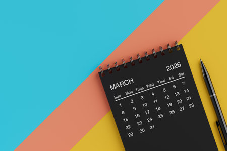Black Flip Monthly March  2026 Business Calendar with Black Pen on a yellow, blue and orange background. 3d Renderingの写真素材