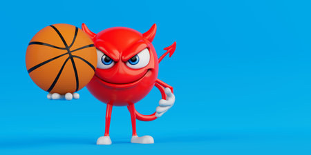 Sport And Competition Concept. Red Devil Cartoon Character Holding Basketball Isolated On Blue...