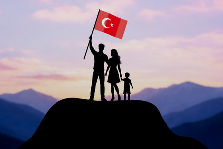 Turkey National Day Patriotism Concept. Silhouette Family Standing On Mountain Holding Turkish Flag Against Sunset Sky Background Extreme Closeup. 3d Renderingの写真素材