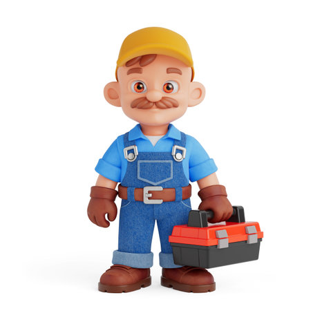 Professional Repair And Maintenance Service Concept. Cute Cartoon Worker In Overalls Holding Toolbox On White Background. 3d Renderingの写真素材