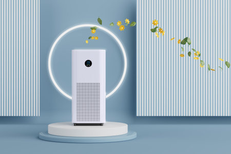 Clean Air And Wellness Technology Concept. Modern White Air Purifier On Podium With Floating Leaves And Flowers In Minimal Studio Interior Extreme Closeup. 3d Renderingの写真素材