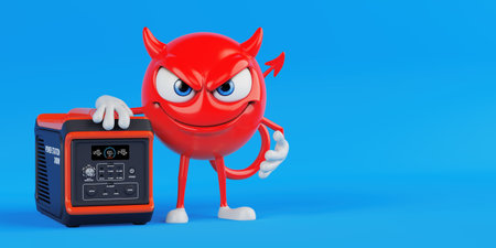 Portable Energy Concept With Humor. Red Evil Cartoon Character Standing Next To Power Station On...