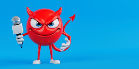 Bold Media Expression Concept. Red Evil Cartoon Character Holding Microphone With Confident Grin On Blue Background. 3d Renderingの写真素材