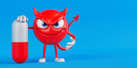 Drug Temptation And Addiction Risk Concept. Red Devil Cartoon Character Holding Capsule Pill...