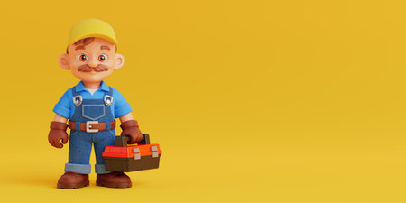 Professional Repair And Maintenance Service Concept. Cute Cartoon Worker In Overalls Holding Toolbox On Yellow Background. 3d Renderingの写真素材